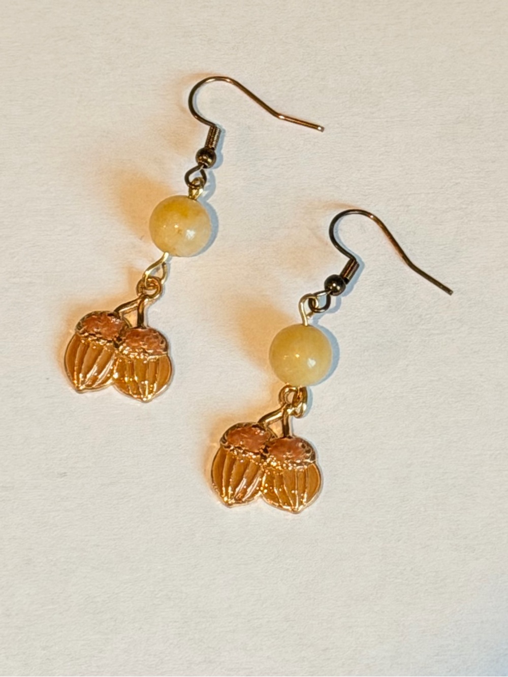 Yellow Jade Crystal Gold Tone Acorn Drop Earrings